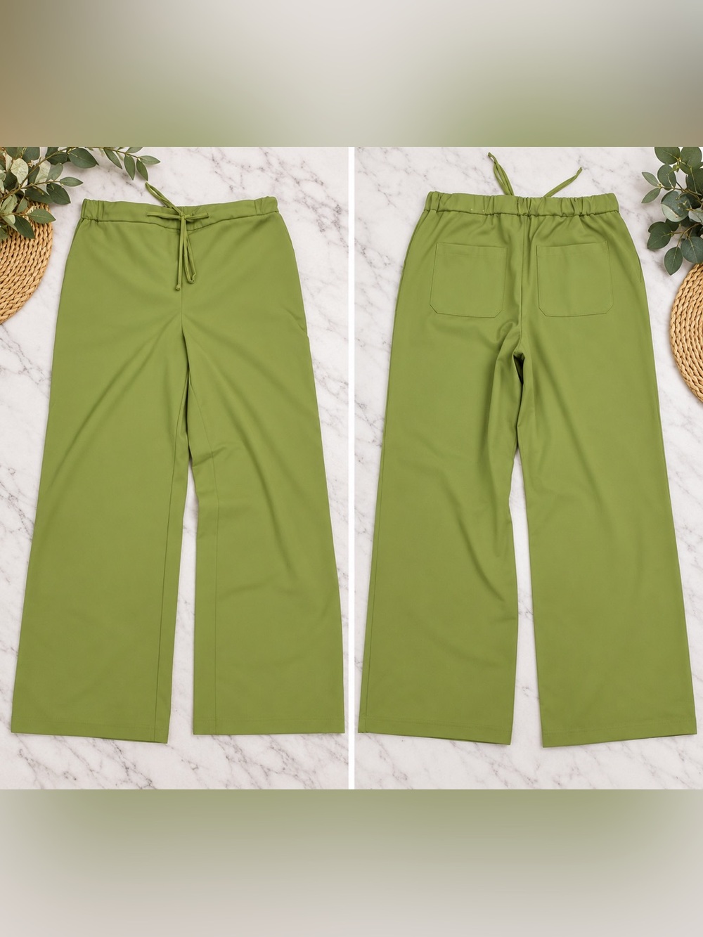 Olive Green Wide Leg Pull-On Pants Drawstring Waist Casual Trousers Size Medium